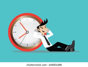 Cartoon character, Businessman and relaxing on the with clock, break time, time management concept., vector eps10