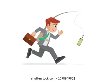 Cartoon character, Businessman running after dangling dollar note in front of him, vector eps10