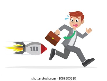 Cartoon character, Businessman running away from rocket tax.,vector eps10