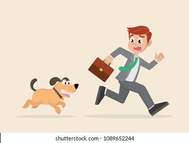 Cartoon character, businessman running away from Dogs chases to bite.,vector eps10