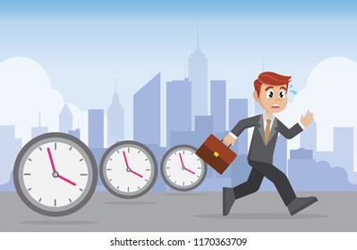 Cartoon character, businessman running from big clock follow him.,vector eps10