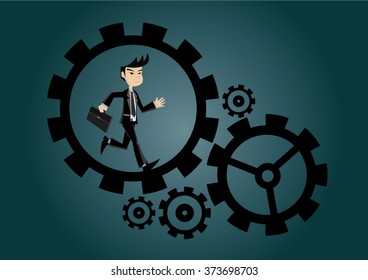 Cartoon character, Businessman running in gear., vector eps10