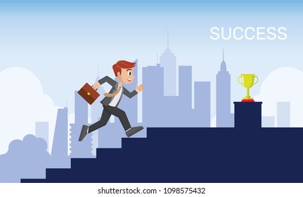 Cartoon character, businessman is running up on staircase go to goal.,vector eps10