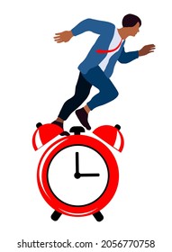Cartoon character, Businessman running on time. Sense of urgency, quick response attitude to get work done as soon as possible now, reaction to priority task or important concept, fast businessman 