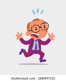 cartoon character of businessman runs away in terror