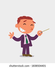 cartoon character of businessman says something funny while pointing to the side with a pointer