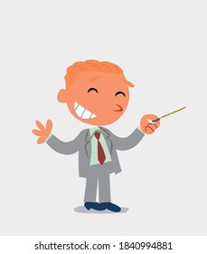 cartoon character of businessman says something funny while pointing to the side with a pointer