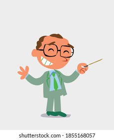 cartoon character of businessman says something funny while pointing to the side with a pointer