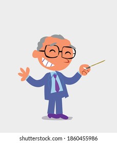 cartoon character of businessman says something funny while pointing to the side with a pointer