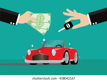 Cartoon Character, Businessman Selling A Car With Cash., Vector Eps10