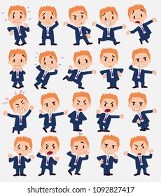 Cartoon character businessman. Set with different postures, attitudes and poses, always in negative attitude, doing different activities in vector vector illustrations.