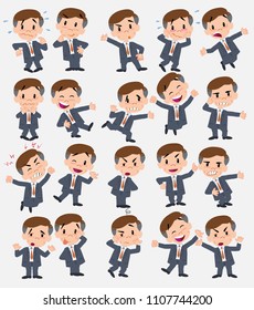 Cartoon character businessman. Set with different postures, attitudes and poses, doing different activities in isolated vector illustrations.