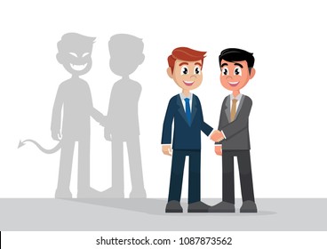 Cartoon character, Businessman shaking hands with colleagues And an invisible threat.,vector eps10