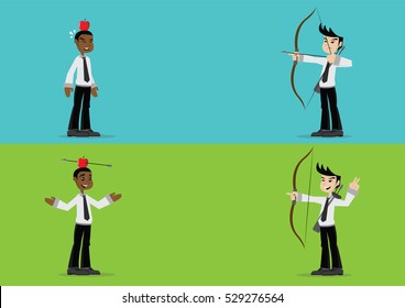 Cartoon character, Businessman shot an arrow at an apple on head., vector eps10