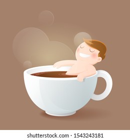 Cartoon character businessman sitting on a red cup of hot coffee. Good morning and Good day, Vector and Illustration.
