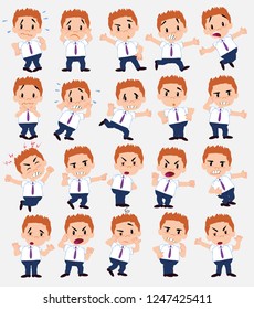 Cartoon character businessman in smart casual style. Set with different postures, attitudes and poses, always in negative attitude, doing different activities in vector vector illustrations.