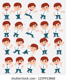 Cartoon character businessman in smart casual style. Set with different postures, attitudes and poses, doing different activities in isolated vector illustrations.