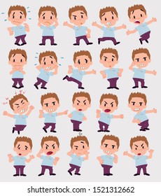 Cartoon character businessman in smart casual style. Set with different postures, attitudes and poses, always in negative attitude, doing different activities in vector vector illustrations.