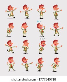 Cartoon character businessman in smart casual style. Set with different postures, attitudes and poses, doing different activities in isolated vector illustrations.