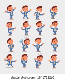Cartoon character businessman in smart casual style. Set with different postures, attitudes and poses, doing different activities in isolated vector illustrations.