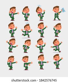 Cartoon character businessman in smart casual style. Set with different postures, attitudes and poses, doing different activities in isolated vector illustrations.