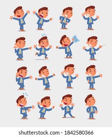 Cartoon character businessman in smart casual style. Set with different postures, attitudes and poses, doing different activities in isolated vector illustrations.