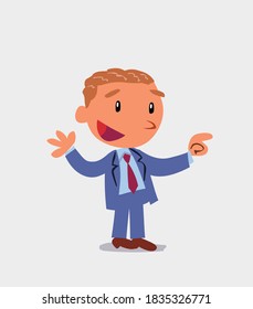 personaje de caricatura de un empresario sonriendo mientras señala