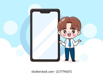 cartoon character businessman is stand with smartphone, blank space, flat illustration