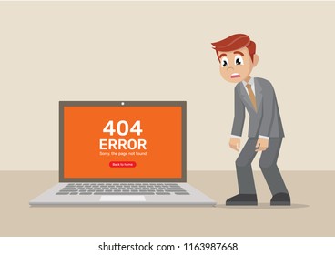 Cartoon character, Businessman Standing sadly. computer about page not found Error 404.,vector eps10