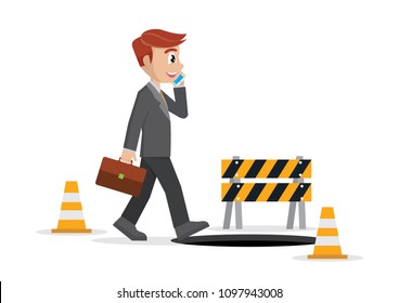 Cartoon character, businessman talking on a cell phone and he does not see the hole in front., vector eps10