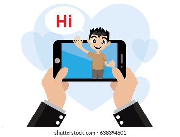 Cartoon character, Businessman Video call passes a smartphone call to the phone to find his son., vector eps10