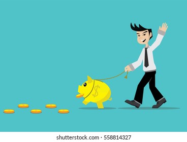 Cartoon character, Businessman walks with a piggy bank and a gold medal on the track., vector eps10