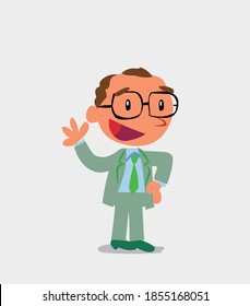 cartoon character of businessman waving happily