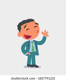 cartoon character of businessman waving informally while smiling