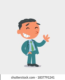 cartoon character of businessman waving informally while laughing
