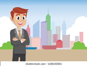 Cartoon character, Businessman wearing suit with city on the background.,vector eps10