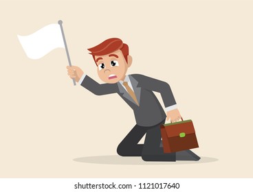 Cartoon Character, Businessman White Flag Of Surrender., Vector Eps10