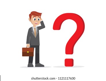 Cartoon character, businessman wondering and question marks, vector eps10