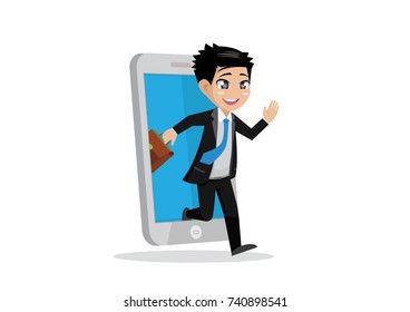 Cartoon character, Businessman work through smartphones., vector eps10
