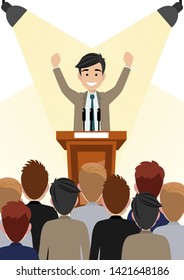 Cartoon character with businessman working and present to public area on podium character vector design.