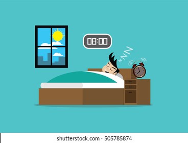 Cartoon Character, Businessmen Do Not Wake Up From The Sound Of The Alarm Clock., Vector Eps10