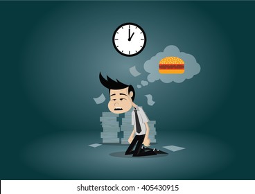 Cartoon character, Businessmen doesn't work because is hungry., vector eps10