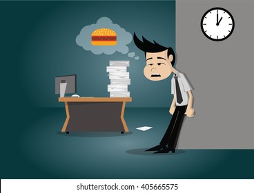 Cartoon character, Businessmen doesn't work because is hungry., vector eps10