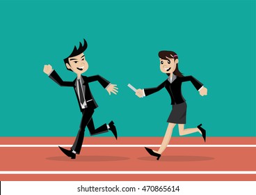 Cartoon character, Businessmen and women relay race., vector eps10