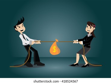 Cartoon character, Businesswoman and businessman competing in a tug of war for money bag., vector eps10 