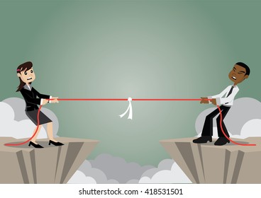 Cartoon character, Businesswoman and businessman Tug of war on a cliff., vector eps10