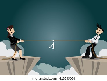 Cartoon character, Businesswoman and businessman Tug of war on a cliff., vector eps10