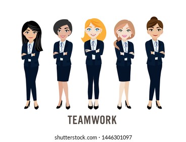Cartoon character with businesswoman, teamwork concept design. Flat vector illustration.