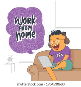 Un personaje de caricatura está ocupado haciendo trabajos oficiales desde casa