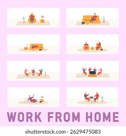 Cartoon character of busy girl at desk with computer side view in online study or remote office setup with slippers smart tech digital equipment and background of home business life

